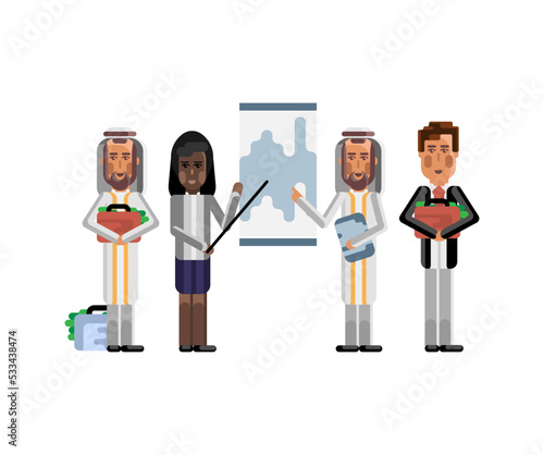 Business speakers doing presentation near whiteboard before european and arab depositors. Corporate multicultural business people isolated vector illustration.