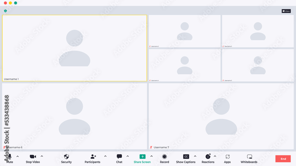 Vector illustration of the layout of a video conference app. Perfect for design elements from online meeting mock up, webinar, and virtual class. Vector illustration Vector illustration of the layout of a video conference app. Perfect for design elements from online meeting mock up, webinar, and virtual class. Vector illustration