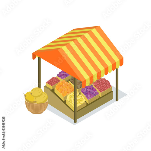 Street vendor booth with fruits isometric 3D icon. Shopping zone of fresh and natural farm food, street trading vector illustration.