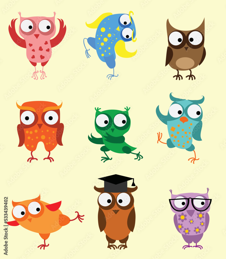 Fototapeta premium Vector illustrations set of cute different owl birds in the simple style