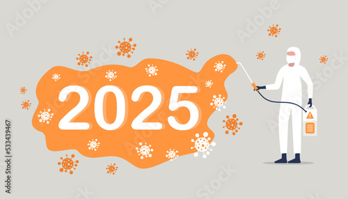 COVID-19 coronavirus a worker in a protective suit sprays a disinfectant chemical to disinfect the viral pathogen.