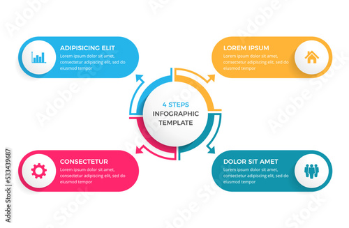 Circle diagram with 4 steps with place for your text and icons, infographic template