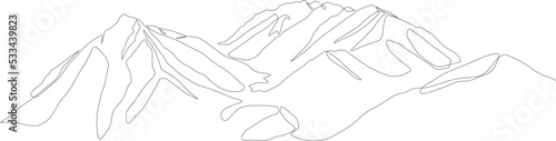 One continuous line drawing of mountain range landscape. Vector illustration.