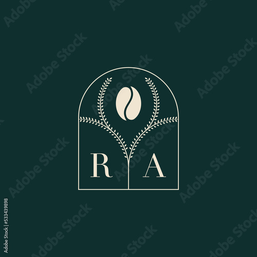 RA initial monogram with coffee bean logo design