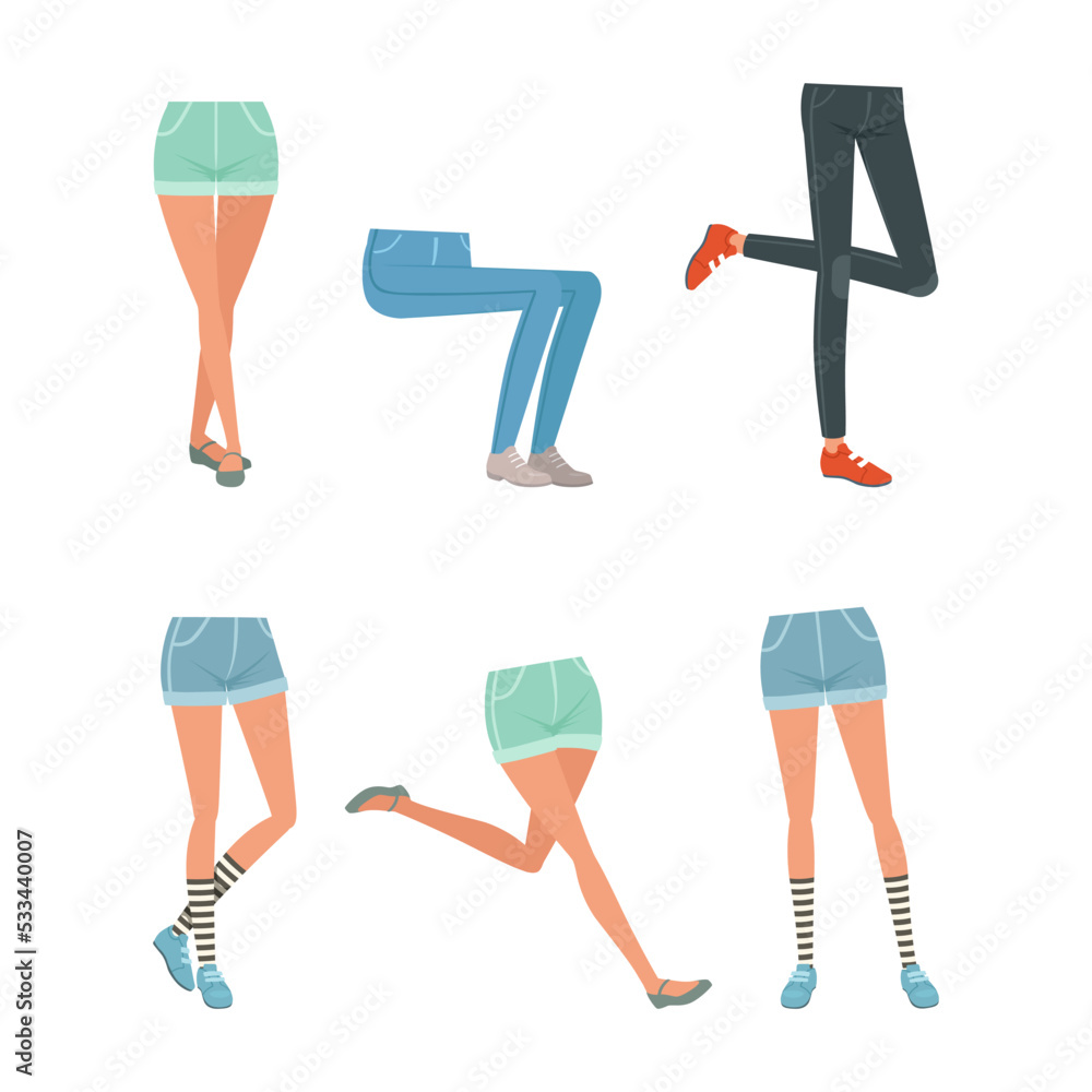 Legs in jeans and shorts posing in different positions set. Teenage