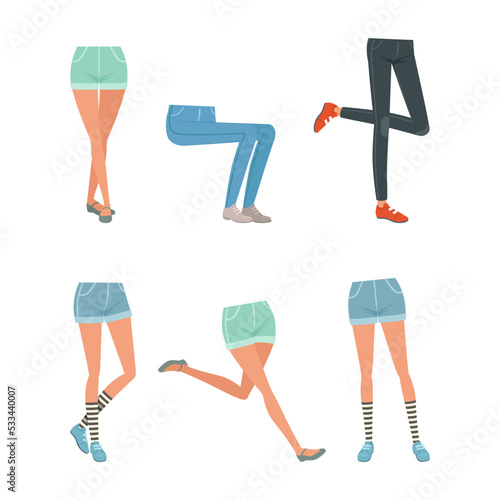 Legs in jeans and shorts posing in different positions set. Teenage body parts constructor for animation cartoon vector illustration