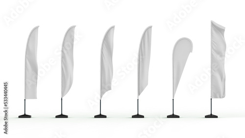 White Blank Expo Banner Stand beach flag. Trade show expo event booth. 3d render isolated on transaparent template mockup for your expo design. photo