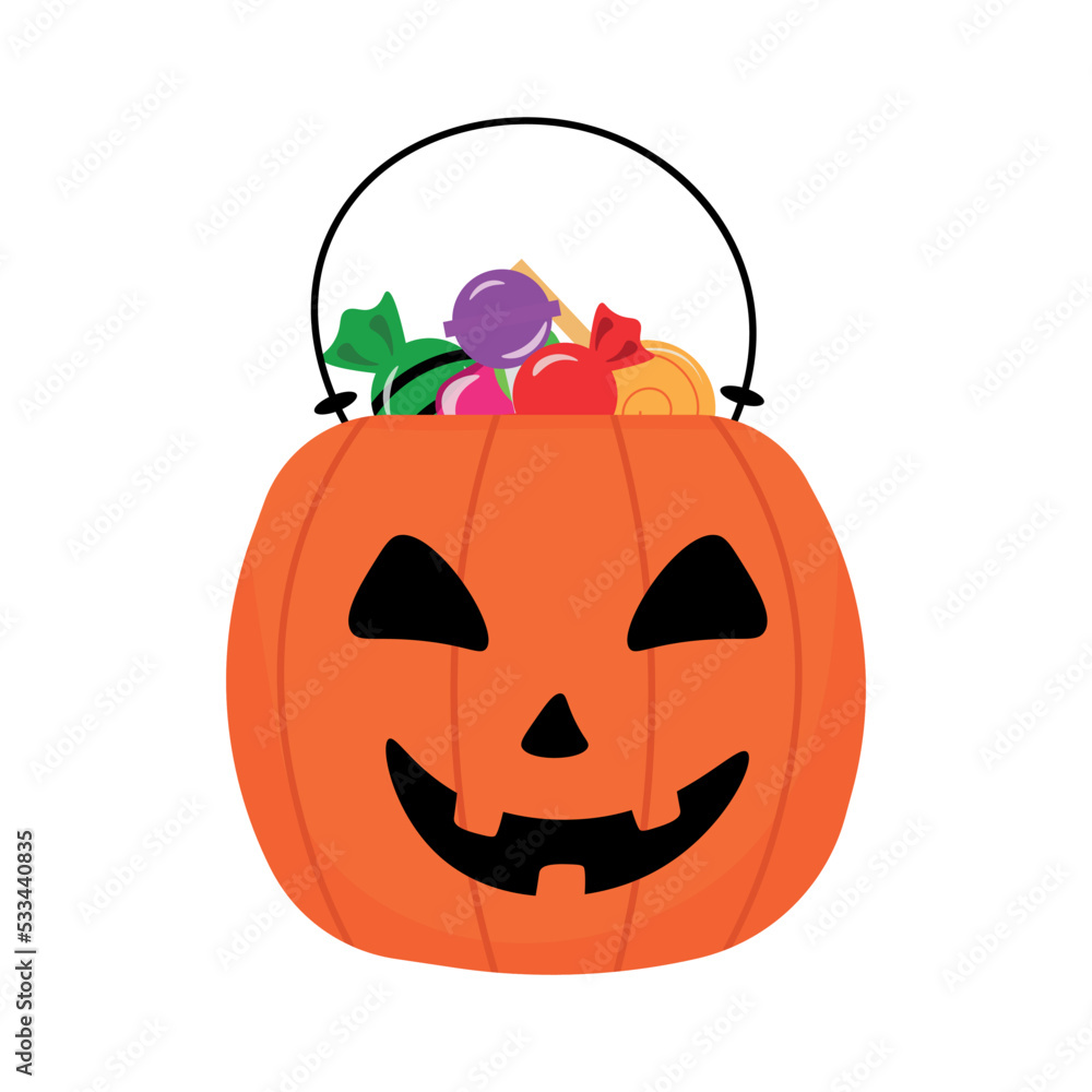 Fototapeta premium Bucket in the shape of a pumpkin with sweets. Vector illustration