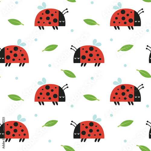 Seamless cute vector floral spring pattern with insects, ladybug, leaves, plants