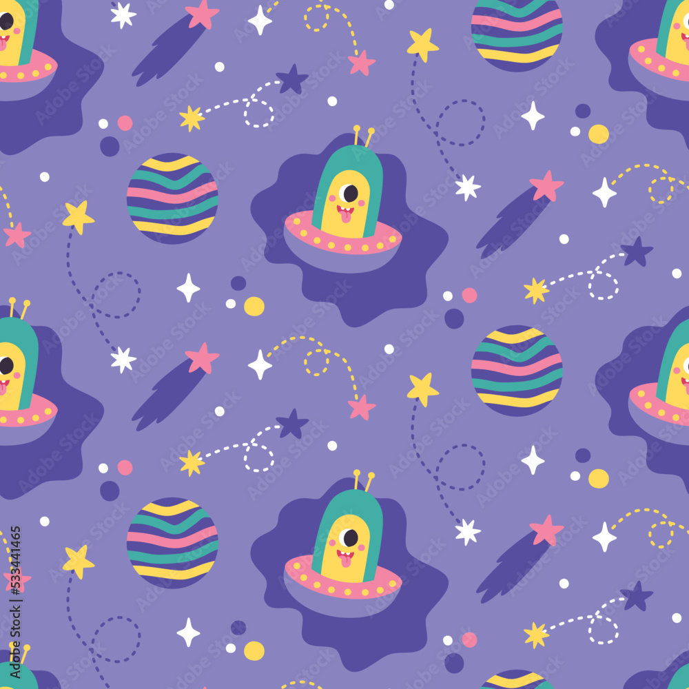 Seamless cute vector cartoon space pattern with UFO, aliens, planets ...