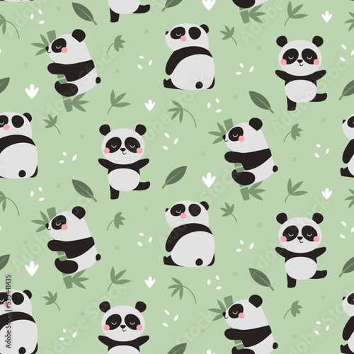 Fototapeta Naklejka Na Ścianę i Meble -  Cute seamless vector pattern with Panda Bears on Bamboo branches, leaves and plants