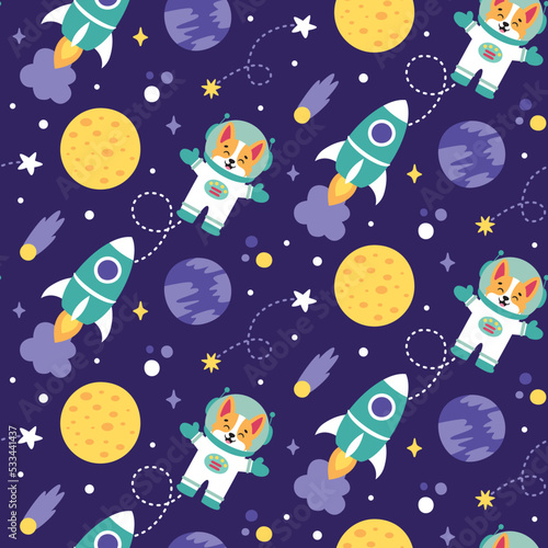 Seamless cute cartoon vector space pattern with astronaut, corgi, spaceship, planets, stars, moon, comet, constellation