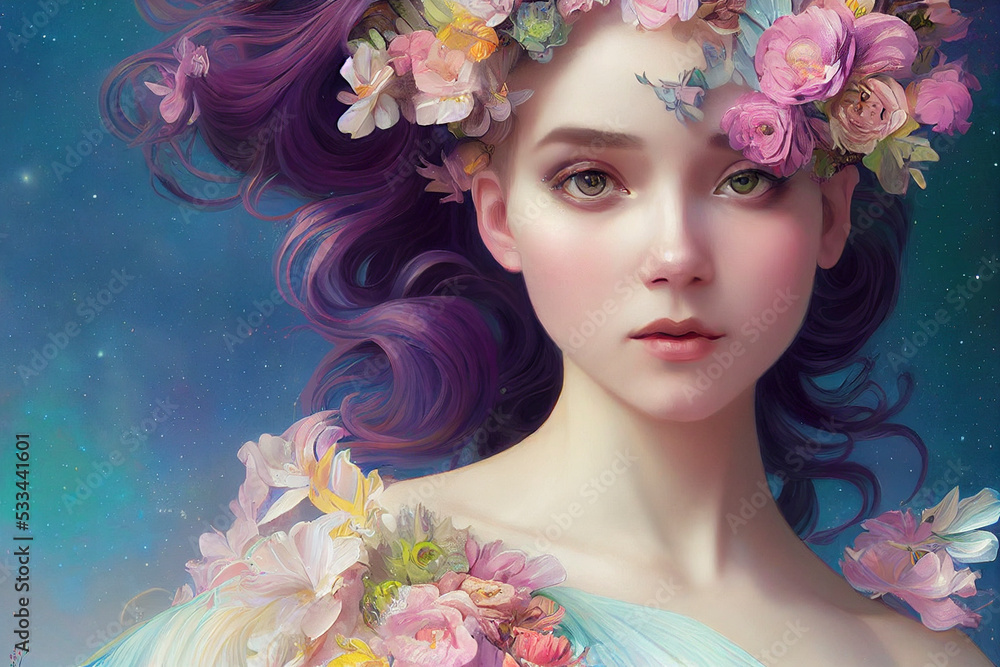 Digital illustration of a beautiful pastel fantasy princess. Illustration of image for female make-up.