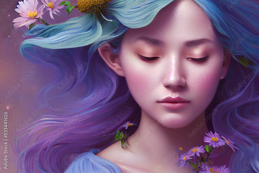 Digital illustration of a beautiful pastel fantasy princess. Illustration of image for female make-up. 