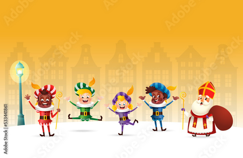 Sinterklaas or Siant Nicholas and companions celebrate winter holidays - yellow winter nights scene