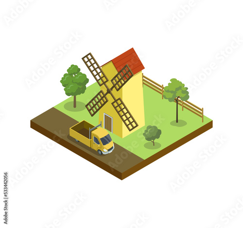 Rural windmill isometric 3D element. Natural farming, traditional agribusiness isolated vector illustration.