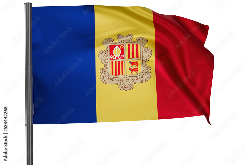 Fototapeta premium Andorra national flag, waved on wind, PNG with transparency