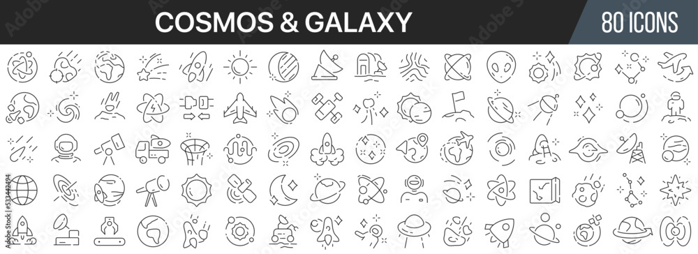 Cosmos and galaxy line icons collection. Big UI icon set in a flat design. Thin outline icons pack. Vector illustration EPS10 Cosmos and galaxy line icons collection. Big UI icon set in a flat design. Thin outline icons pack. Vector illustration EPS10