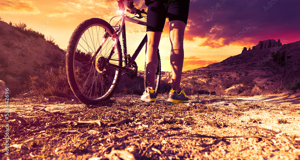 Bicicleta deportiva de montaña. Atardecer de ensueño y vida sana. Campos  otoñales y bicicleta. Ciclista aventurero Stock Photo | Adobe Stock