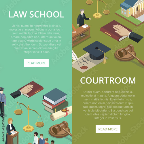 Law school isometric flyers with justice symbols. Judge gavel, jury trial, oath of bible, law books, courthouse building, defendant with lawyer, scales of justice. Legal education vector illustration.