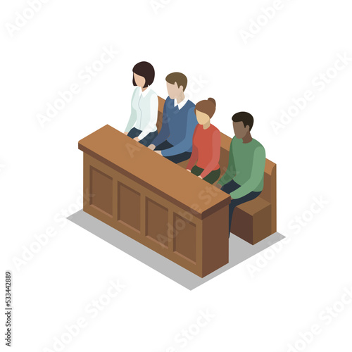 Jury trial isometric 3D element. Law and judgment legal justice vector illustration.