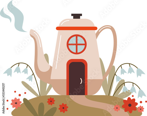 Fairytale kettle shaped house illustration
