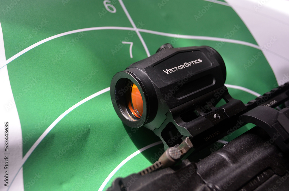 Vector Optics red dot collimator sight on Kalashnikov assault rifle