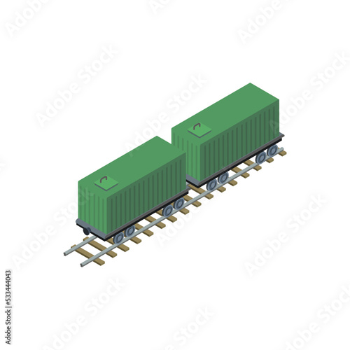 Rail container platform isometric 3D element. Logistics container shipping and distribution, commercial delivery, freight transportation vector illustration.