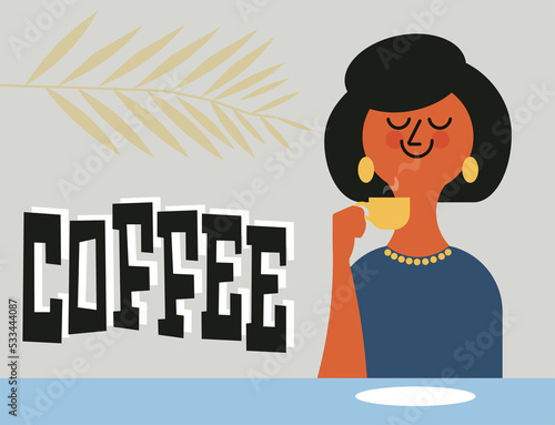 woman in a cafe, mid century modern cartoon  flat character smelling a cup of coffee photo