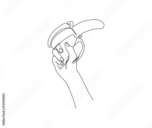 Continuous one line drawing of Hand Holding Banana Fruit. Hand holds banana line art drawing vector illustration.