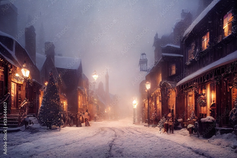 Snowy street with Christmas trees and lights.
