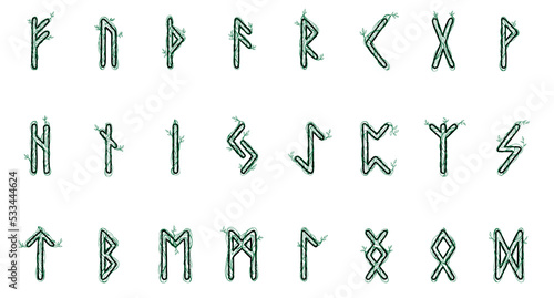 Runes SET WOODEN color. Doodle style. A magical amulets. Elder Futhark. The alphabet is Nordic and Northern. Viking letters. Magic tattoo.
