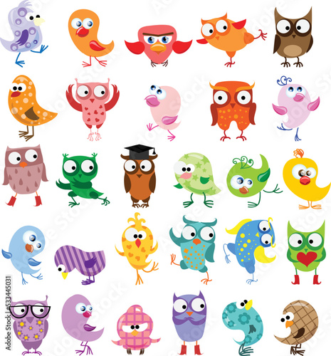 Vector illustrations set of cute different owl birds in the simple style