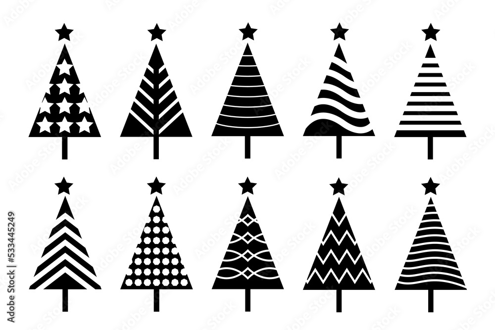 Set of vector Christmas tree silhouette isolated on white background. Christmas tree for icon logo card decor. Set of vector Christmas tree silhouette isolated on white background. Christmas tree for icon logo card decor.