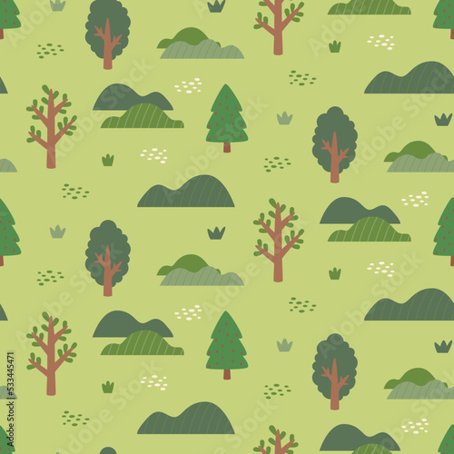 Woodland vector seamless pattern with trees, plants, leaves, hillock, hill