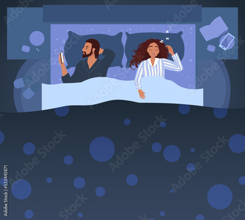 Couple on the bed, Snoring woman suffering from apnea, sleep problems and disorders. Breathing disease concept. Man suffers insomnia 