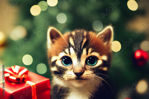 Cat celebrating christmas. Kitten santa claus. Cute kitten with christmas gifts and christmas tree