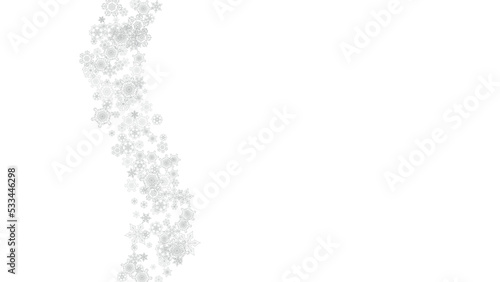 Snowflakes falling on white background. Horizontal Christmas and Happy New Year theme. Silver falling snowflakes for banner, gift card, party invitation, partner compliment and special business offers