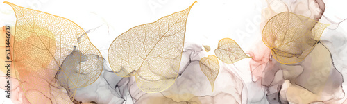 Modern creative design,  background marble texture with leaves. Alcohol ink. Vector illustration. photo