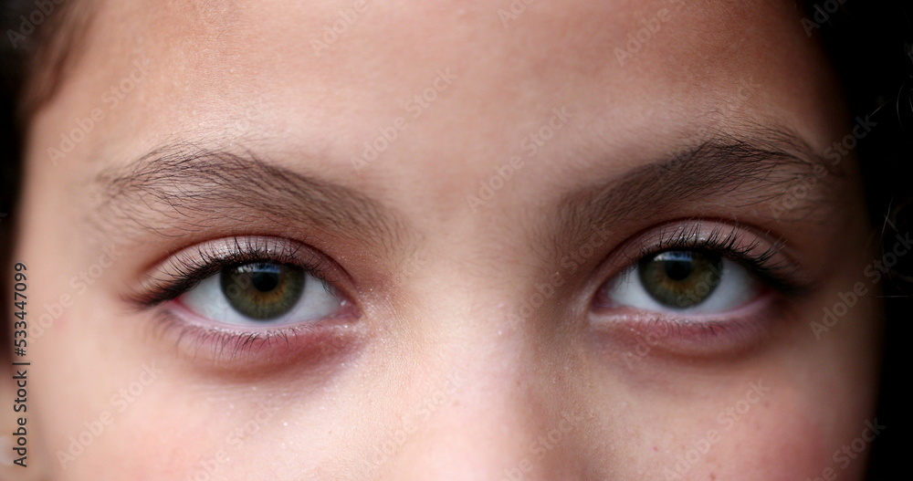 Fototapeta premium Child green eyes macro close-up. Girl face looking at camera