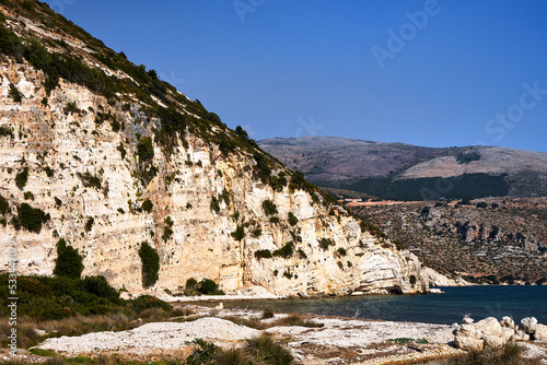 Rocky cliff and boulders in Paliki Bay on the island of Kefalonia