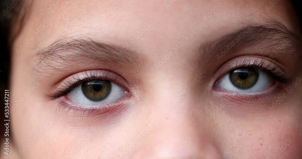 Fototapeta premium Child green eyes macro close-up. Girl face looking at camera