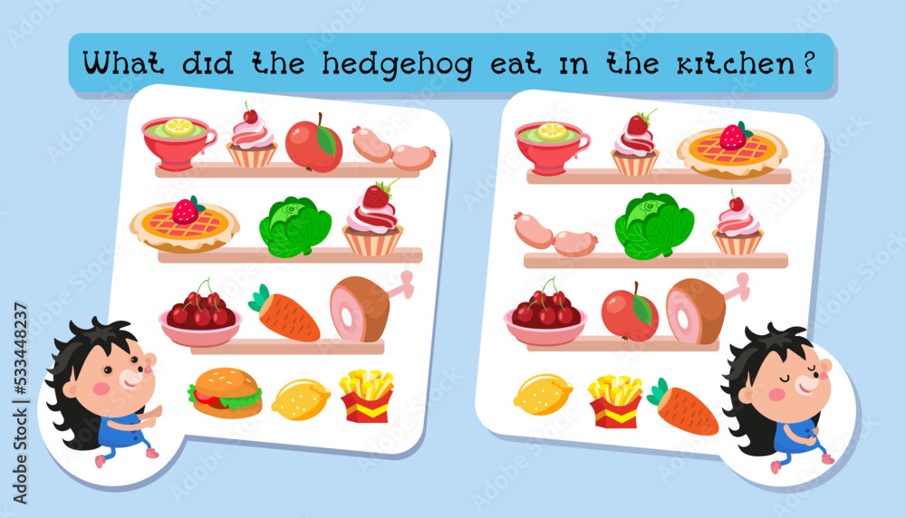 Educational game for children. Find the differences. Activities for children. Vector illustration. Hedgehog and food. 