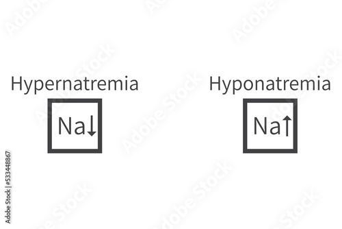 Hypernatremia and Hyponatremia – Sodium Na excess and deficit electrolyte disorder, grey frame icon vector illustration