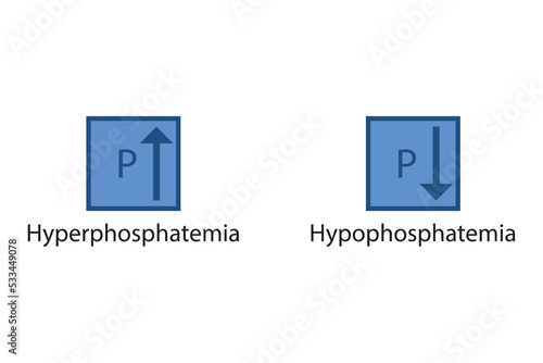 Hyperphosphatemia and Hypophosphatemia – Phosphorus P excess and deficit electrolyte disorder, blue arrow icon vector illustration