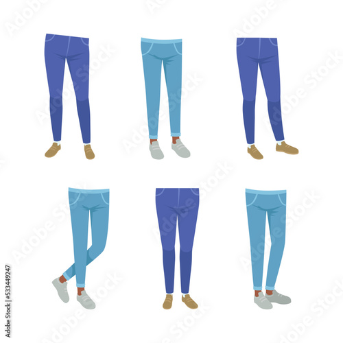Different views of male and female legs in jeans set. Body parts for character creation, constructor for animation cartoon vector illustration