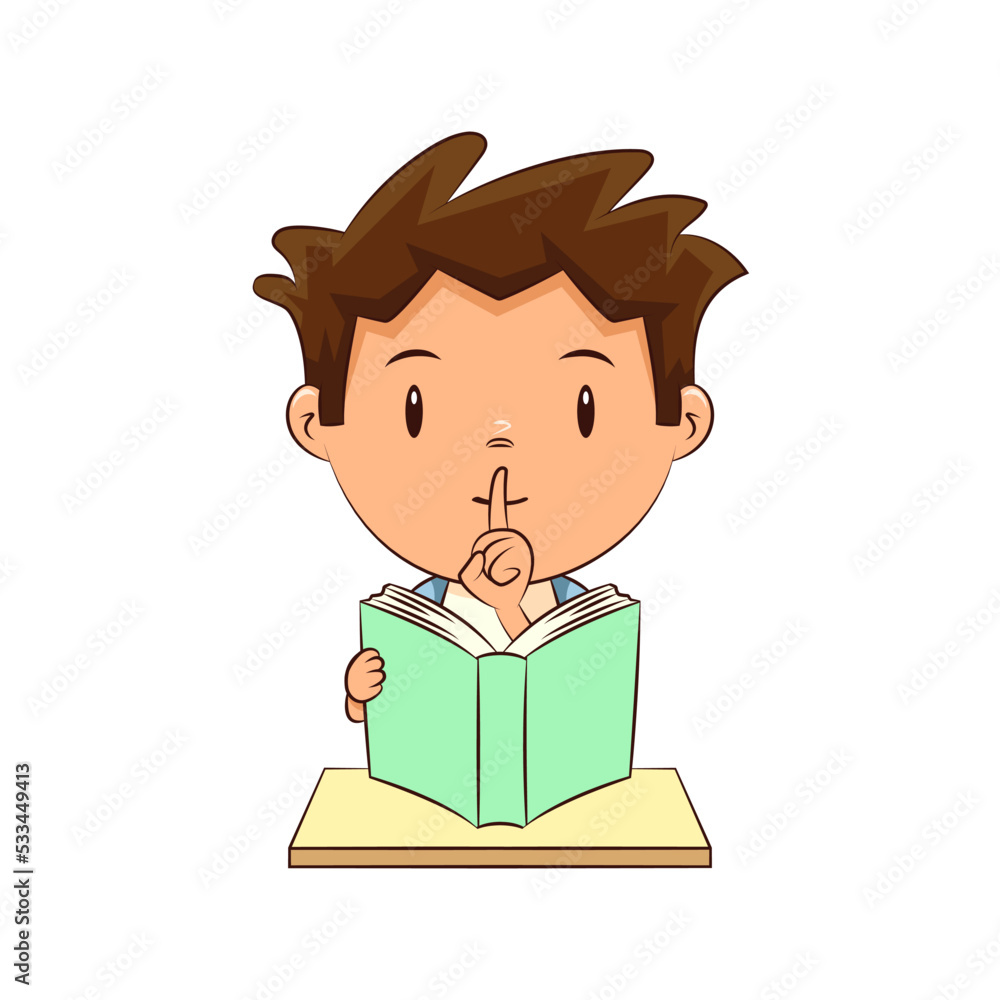 Child reading book silence gesture
