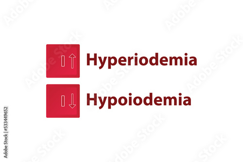 Hyperiodemia and Hypoiodemia – Iodine I excess and deficit electrolyte disorder, red and white arrow icon vector illustration