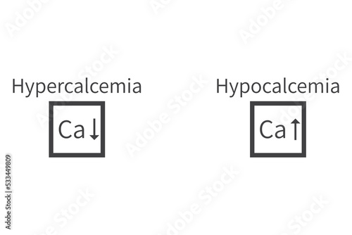 Hypercalcemia and Hypercalcemia – Calcium Ca excess and deficit electrolyte disorder, grey frame icon vector illustration