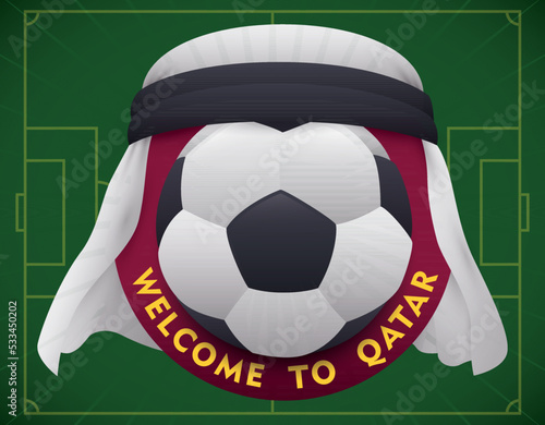 Kufiya Covering a Button and Soccer Ball for Sport Event in Qatar, Vector Illustration